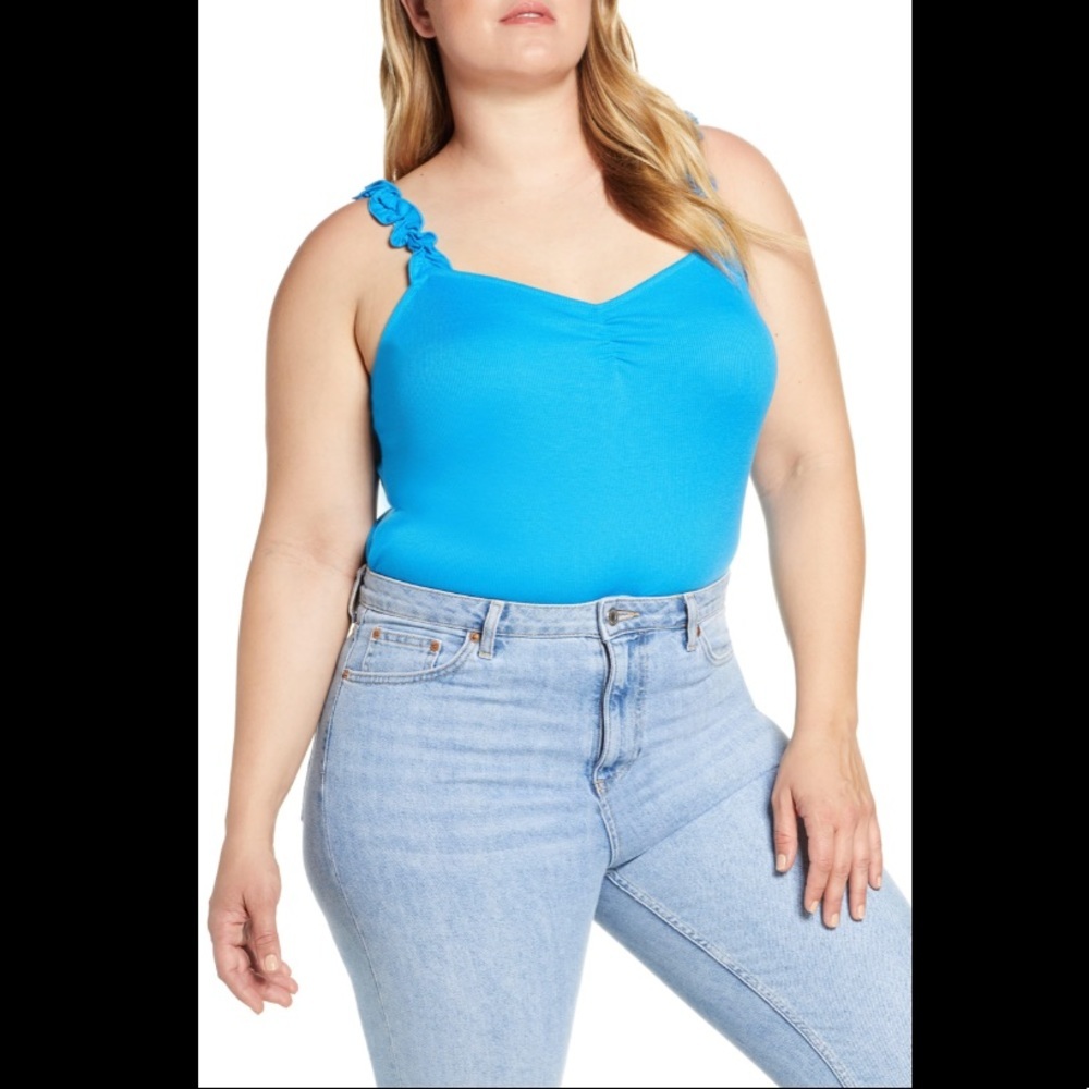 BP Plus Size Ruffle Blue Strap Ribbed Tank Top 2X